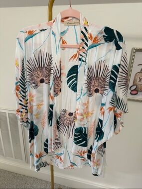 Xtraordinary White Floral Tropical Kimono with Teal and Peach Accents